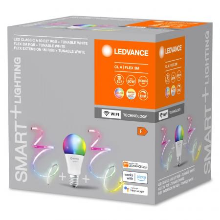 Set RGB LEDVANCE SMART+ bestehend aus E27 Lampe WiFi dimmbar 8,5W + 1 LED Streifen 2 Meter RGB + 1 LED Streifen 1 Meter RGB